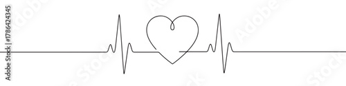 Continuous one line drawing depicting a heartbeat on an EKG line with a central heart symbol, representing health, love, and vitality