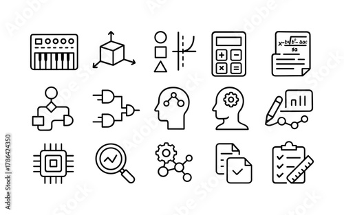 Linear icons set of stem concepts: engineering, mathematics, analysis, technology