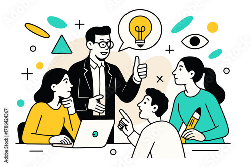 Creative Team Dynamics. Team Leaders Guiding Teams in Creative Projects. Leader giving feedback to team with floating abstract geometric shapes and creative