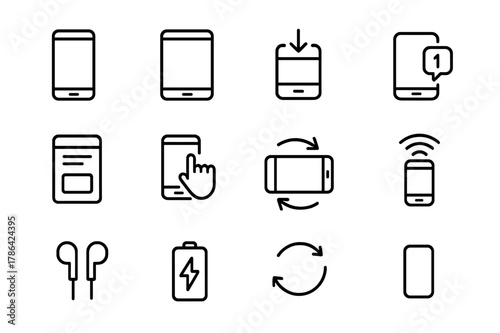 Mobile Learning Icons. Mobile learning (m-learning). Line icon set of mobile learning: smartphone, tablet, offline download, push notification, microlearning