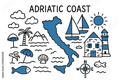 Adriatic Coast Doodle. // Adriatic coast. Hand-drawn doodle illustration Adriatic coast [coastal map (accented), sailboat (accented), lighthouse (accented),