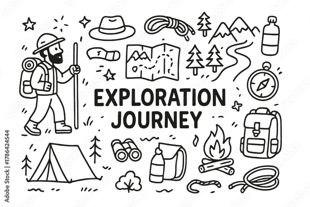 Fototapeta premium Exploration Adventure Essentials. Exploration Journey. Hand-drawn doodle illustration Exploration Journey explorer, map, compass, backpack, walking stick,