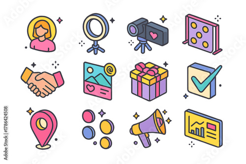 Influencer Meetup Icons. Influencer meetup. Colorful isometric vector icons set of Influencer meetup: creator avatar, ring light, vlog camera,