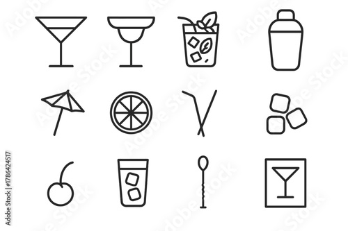 Classic Cocktail Icons. Cocktail. Line icon set of Cocktail: martini glass, margarita glass, mojito with mint, cocktail shaker, umbrella garnish, citrus slice,