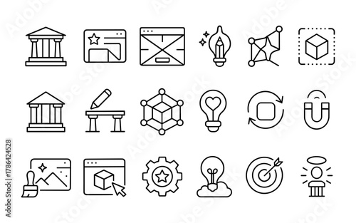 Minimal line art icons: design, creativity, and innovation themes