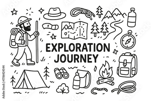 Exploration Adventure Essentials. Exploration Journey. Hand-drawn doodle illustration Exploration Journey explorer, map, compass, backpack, walking stick,