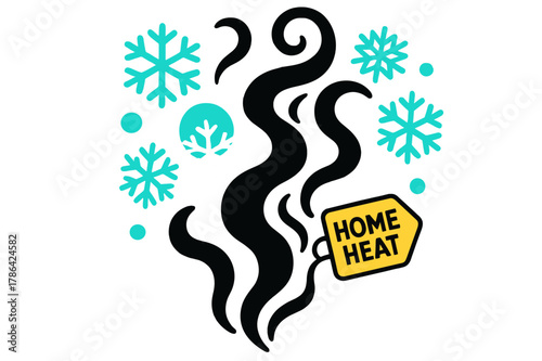 Smoke and Snowflakes. Smoke and Snowflakes. Warm curls of smoke twist upward through drifting geometric snow crystals. A floating tag reads ?Home Heat.? Modern