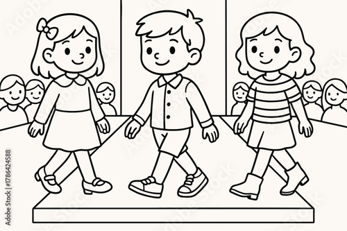 Chic Shoe Runway. Fashion runway shoes children?s coloring book illustration, outlined drawing, models walking
