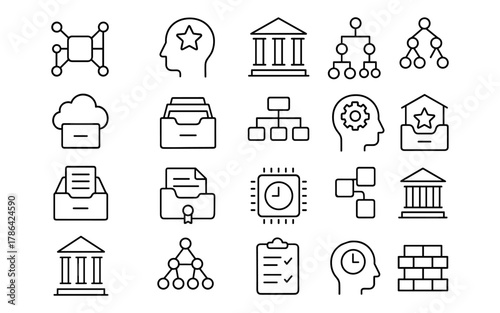 Outline icons of organizational structures and systems for business and technology