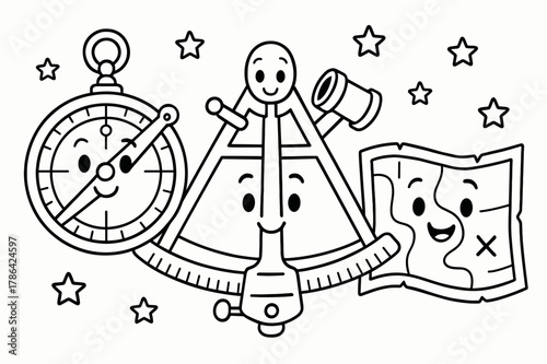 Historic Navigation Tools. Navigation tools of the past children?s coloring book illustration, outlined drawing, friendly cartoon versions of an astrolabe,