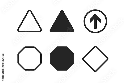 Road Sign Collection. Traffic Rule Infographic. Set Logo of Road Sign Collection: Minimal outline, Negative space, Flat solid, Symmetrical form, Stylized