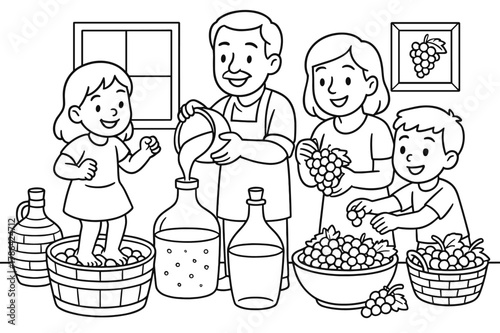 Family Wine Coloring. making wine at home children?s coloring book illustration, outlined drawing, a family making wine together at home, educational design