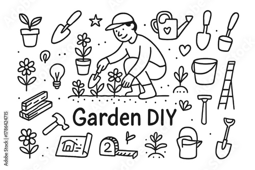 Garden DIY Doodle. Garden DIY. Hand-drawn doodle illustration of garden DIY. In the middle, one slightly