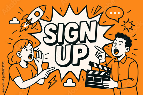 Bold Sign-Up Illustration. SIGN UP banner, flat vector illustration, bold oversized text inside splash explosion, cartoon characters shouting and pointing
