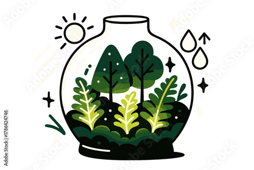 Glowing Forest Terrarium. Forest terrarium. Miniature glowing ferns, trees, and moss arranged inside a glass