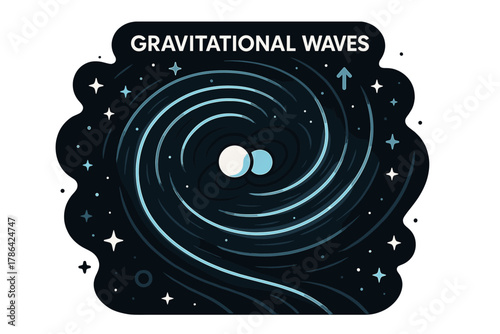 Spacetime Ripples. Gravitational waves. Ripples in spacetime illustrated as glowing wave lines radiating from