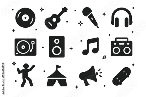 Music Icons Grid. Music and Youth. Solid icons set of Music and Youth: vinyl record, guitar, microphone, headphones, DJ turntable, speaker, music notes,