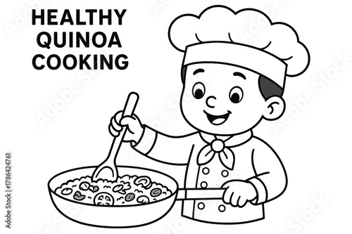 Healthy Cooking Fun. Healthy quinoa cooking children?s coloring book illustration, outlined drawing,