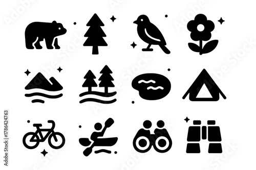 Eco-Tourism Icons. Eco-tourism with wildlife preservation. Solid icons set of Eco-tourism with wildlife preservation: animals, trees, birds, flowers,