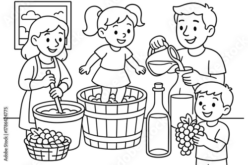 Family Wine Coloring. making wine at home children?s coloring book illustration, outlined drawing, a family making wine together at home, educational design