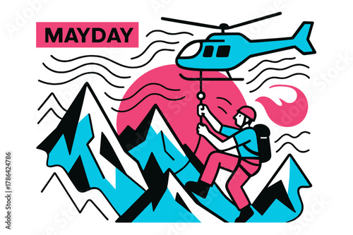 Ridge Rescue Helicopter. High-Altitude Ridge Pickup. Thin air, sharp peaks; the helicopter noses in while a climber clips into the hoist. A minimalist ?MAYDAY?