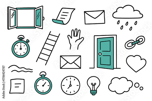 Missed Opportunity Icons. // Missed opportunity. Hand-drawn doodle illustration missed opportunity [open window (accented), flying paper (accented), ladder,