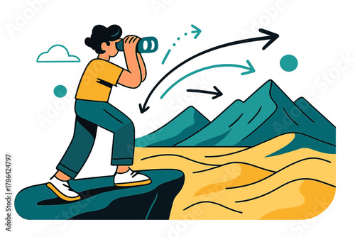 Vast Horizon Exploration. Exploring vast horizons. Individual standing near cliff edge with binoculars;