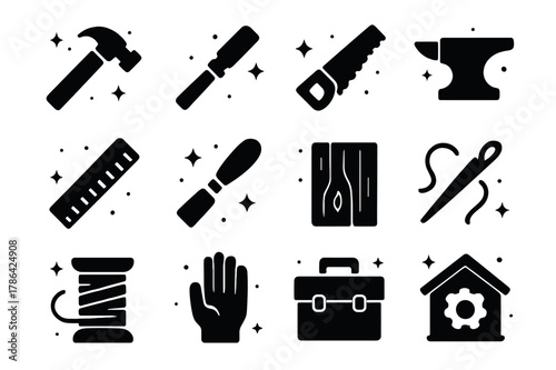 Workshop Craft Icons. Workshop Craft. Solid icons set of Workshop Craft: hammer, chisel, saw, anvil, ruler, paintbrush, wood plank, sewing needle, thread