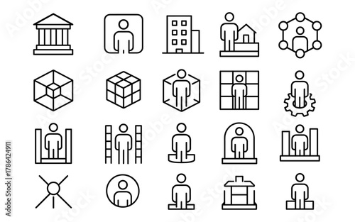 Minimalist outline icons of people in various contextual concepts