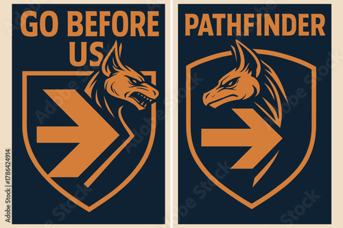 Forerunner Banners Unveiled. Battle Forerunner. Two vertical A6 banners with safe margins, centered composition, no elements touching edges, bold, indigo and