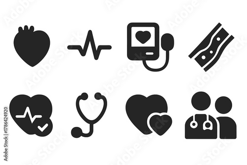 Cardiovascular Health Icons. Heart and cardiovascular health. Filled icon set of heart and cardiovascular