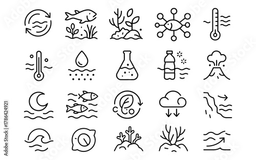 Climate and environment icons set featuring nature, sustainability, and weather symbols in modern line art style
