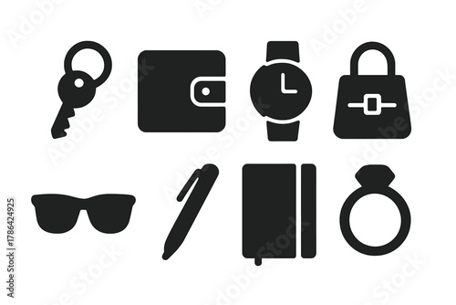Everyday Accessories Icons. Everyday accessories. Filled icon set of everyday accessories: keychain, wallet,