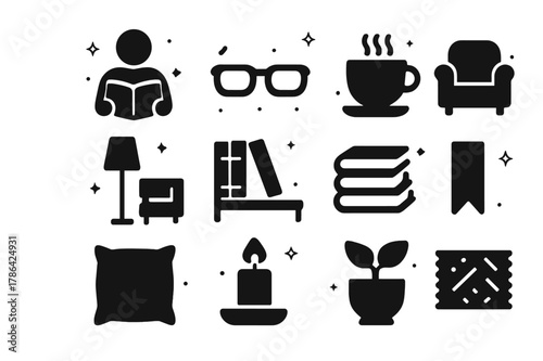 Reading Icons Collection. Person Reading. Solid icons set of Person Reading: open book, reading glasses, cup of tea, cozy armchair, floor lamp, bookshelf,