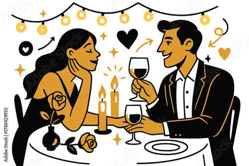 Romantic Dinner Elegance. Romantic elegance. A dinner table with candles, roses, and soft string lights,