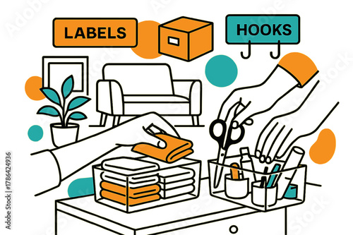 Organized Living Space. Decluttered living space. Hands placing items into clear containers with floating