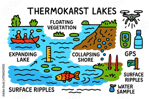Thermokarst Lake Doodles. Thermokarst lakes. Colorful Hand-drawn doodle Children illustration Thermokarst lakes expanding lake, collapsing shore, floating