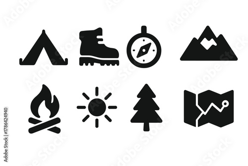 Outdoor Activity Icons. Outdoor activities. Filled icon set of outdoor activities: tent, hiking boot, compass,