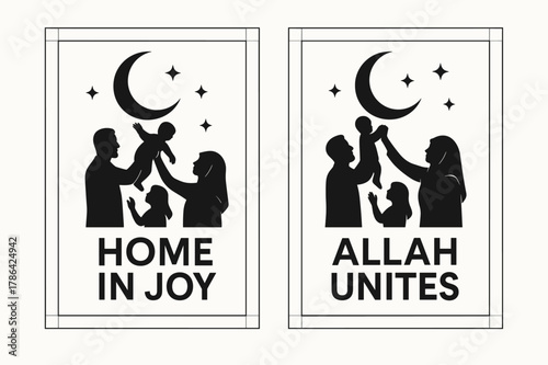 Family Silhouette Banners. Family Joy. Two vertical A6 banners with safe margins, centered composition, no elements touching edges, modern, black and white,