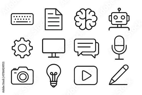AI Icon Set. AI content creation. Line outline icon set of AI content creation: keyboard, document, brain,