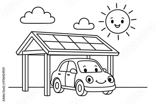 Solar Carport Coloring Fun. Solar carport children?s coloring book illustration, outlined drawing, a cheerful car parked under a solar roof while the sun