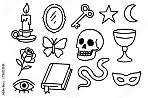 Symbolic Doodle Icons. Symbolism and imagery. Hand-drawn doodle illustration Symbolism and imagery candle, mirror, key, rose, skull, butterfly, star, moon,