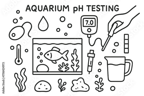 Aquarium Testing Doodle. Aquarium pH testing. Hand-drawn doodle illustration Aquarium pH testing fish, tank, air pump, water droplet, digital meter, probe,