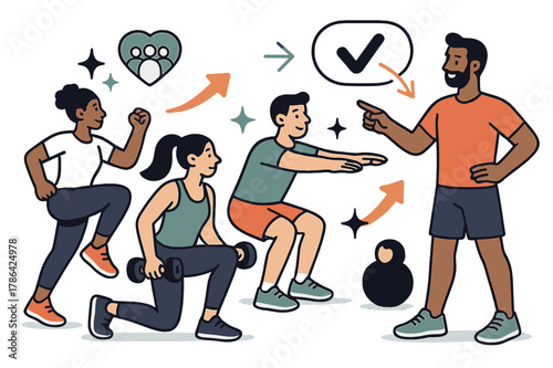 Dynamic Fitness Coaching. Fitness training and personal coaching. Group workout session in gym with trainer giving instructions; abstract floating icons,
