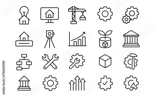Construction and technology icons in linear style with growth and development symbols