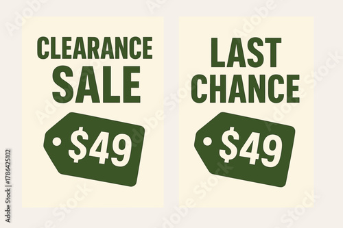 Clearance Sale Banners. CLEARANCE. Two vertical A6 banners with safe margins, centered composition, no elements touching edges, bold, olive green and cream,