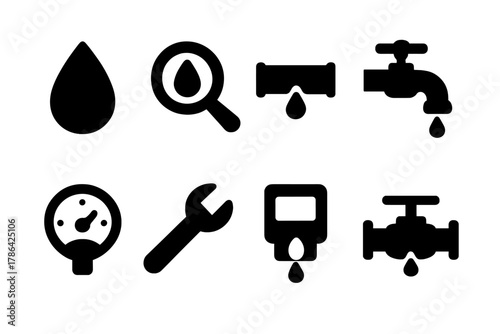 Leak Detection Icons. Leak detection. Filled icon set of Leak detection: water droplet, magnifying glass, pipe