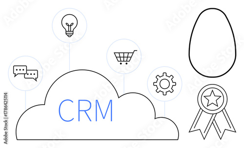 Cloud with CRM text surrounded by communication, innovation, shopping, gear icons, award badge, and egg shape. Ideal for productivity, sales, management success innovation software cloud