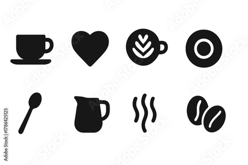 Barista Icon Set. Barista Creations. Filled icon set of Barista Creations: coffee cup, heart-shaped froth,