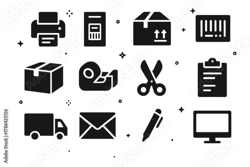 Warehouse Printing Icons. Warehouse Printing. Solid icons set of Warehouse Printing: printer, shipping label, package, barcode, box, tape dispenser, scissors,